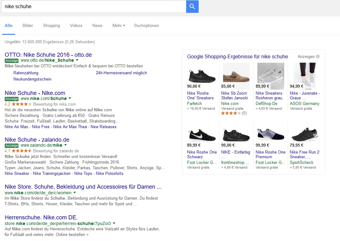 Bezahlte Anzeigen zum Suchbegriff „Nike Schuhe“ bei Google Bezahlte Anzeigen zum Suchbegriff „Nike Schuhe“ bei Google