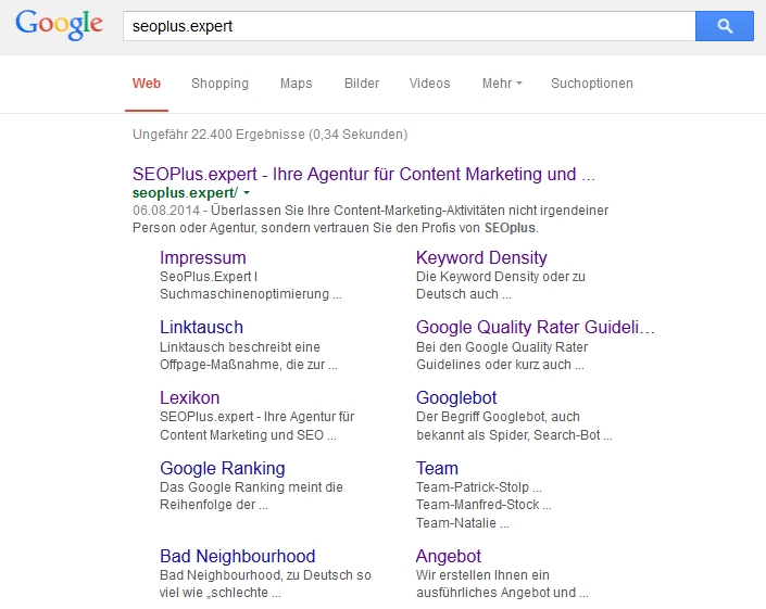 Sitelinks zu seoplus.expert bei Google Sitelinks zu seoplus.expert bei Google